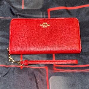 Coach Vibrant Red Wristlet with Gold Accent